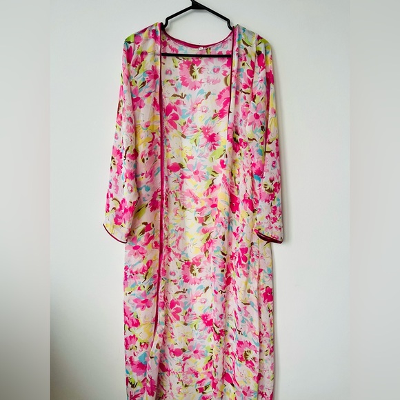 PINK FLORAL CHIFFON OVERCOAT - Picture 1 of 3